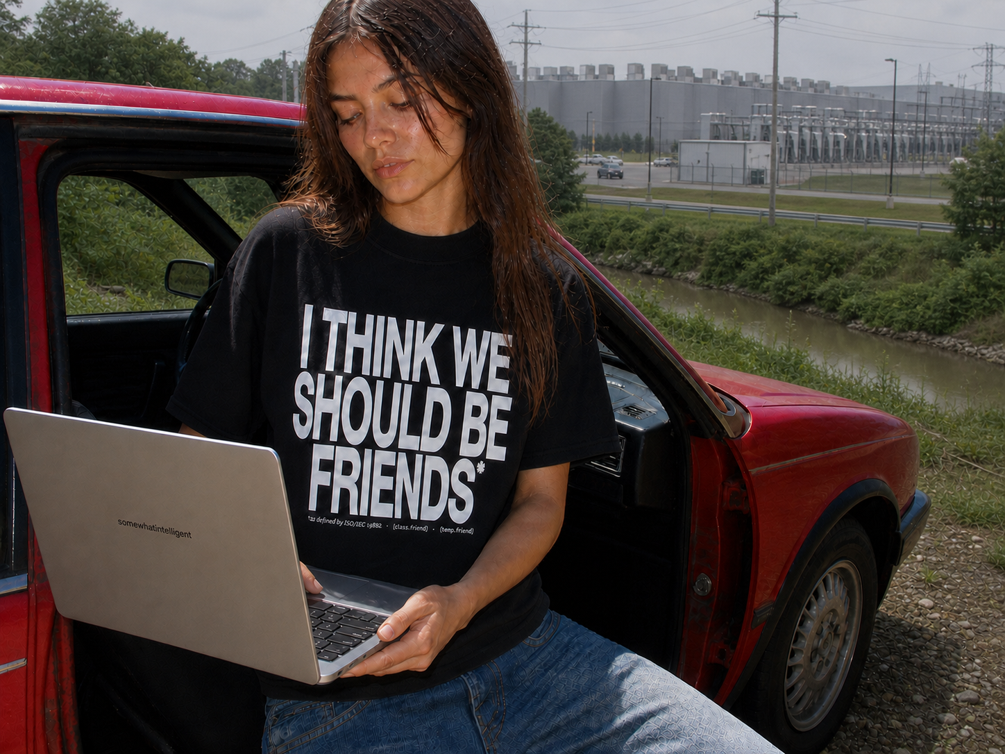 Friend 001 worn beside a red car at the edge of a data centre, with an open laptop carrying the somewhatintelligent wordmark